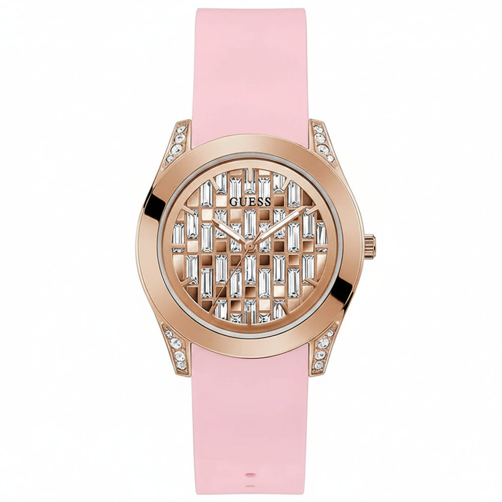 GUESS Women's Rose Gold Tone Crystal Baguette Watch with Pink Silicone Strap ⌚💖✨