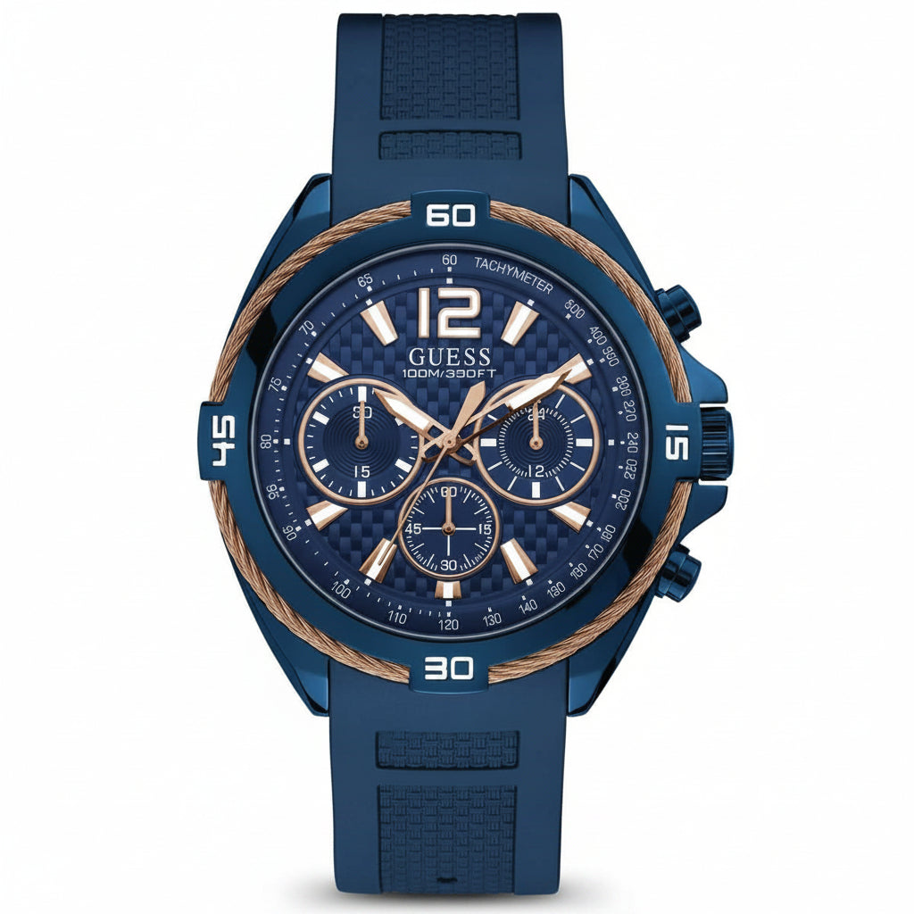GUESS Men's Blue Multi-Function Sport Watch with Rose Gold Accents ⌚💙⚓