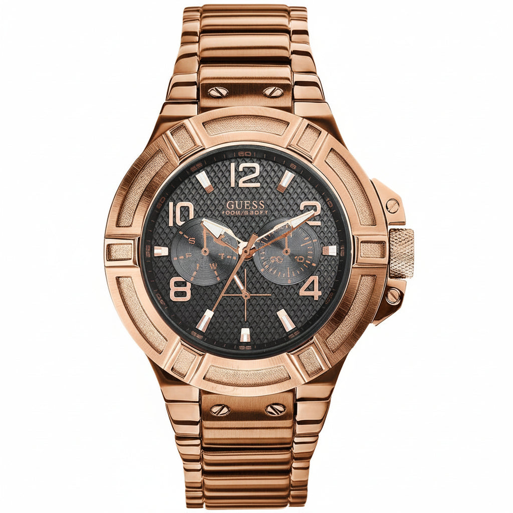 Guess Men's Rose Gold Multi-Function Watch with Textured Dial ⌚️✨💼