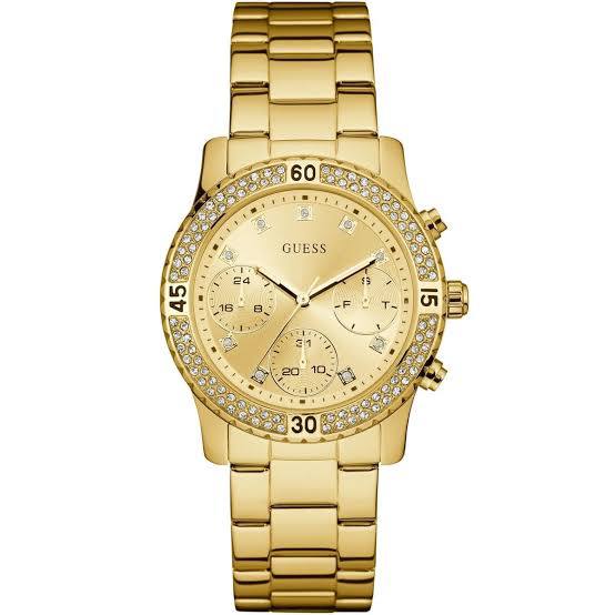 GUESS Women's Gold-Tone Multifunction Watch with Crystal-Encrusted Bezel ✨⌚🌕