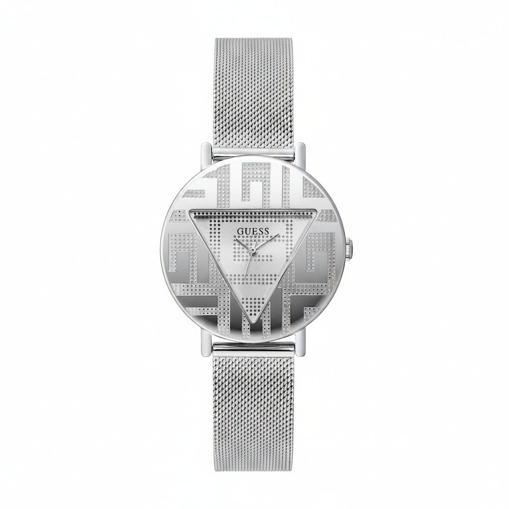 GUESS Women's Tri-Tone Geometric Dial Mesh Strap Watch 💜✨📐