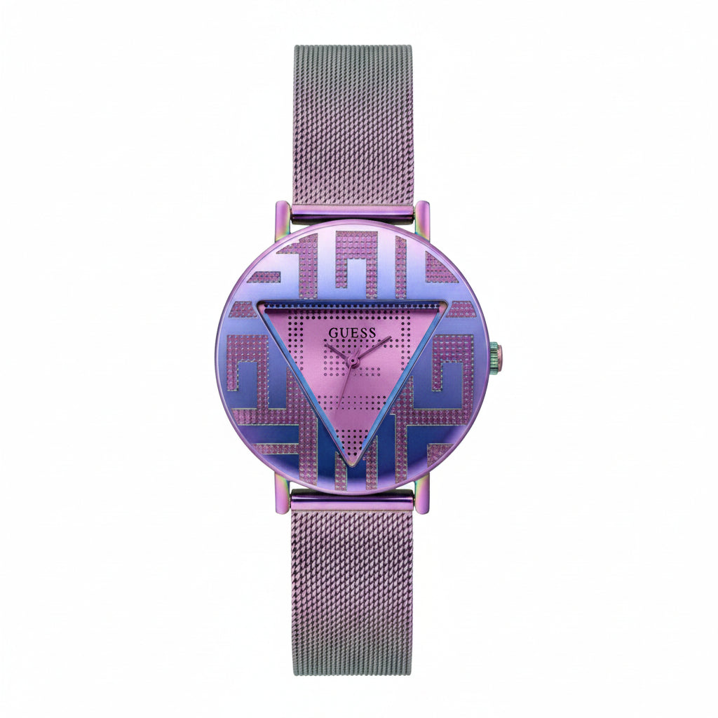 GUESS Women's Tri-Tone Geometric Dial Mesh Strap Watch 💜✨📐