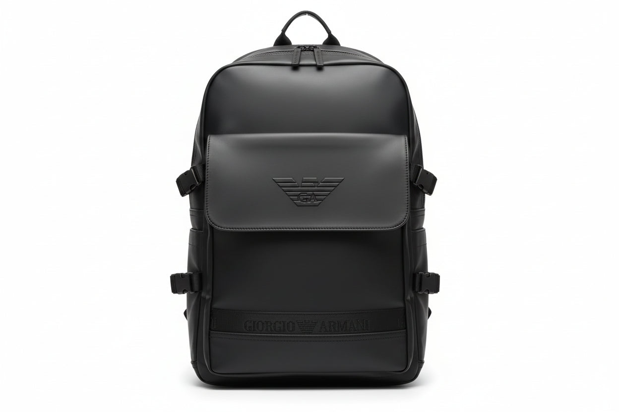 Giorgio Armani Matte Black Leather Backpack with Signature Eagle Logo 🎒🇮🇹✨