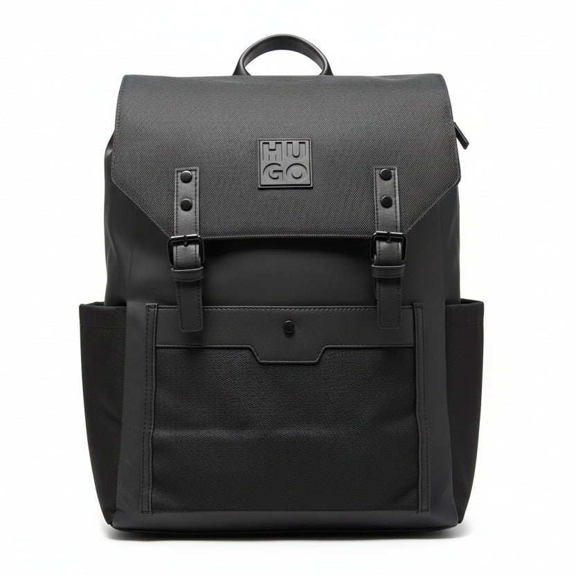 HUGO Matte Black Flap Backpack with Textured Accents 🎒🖤✨