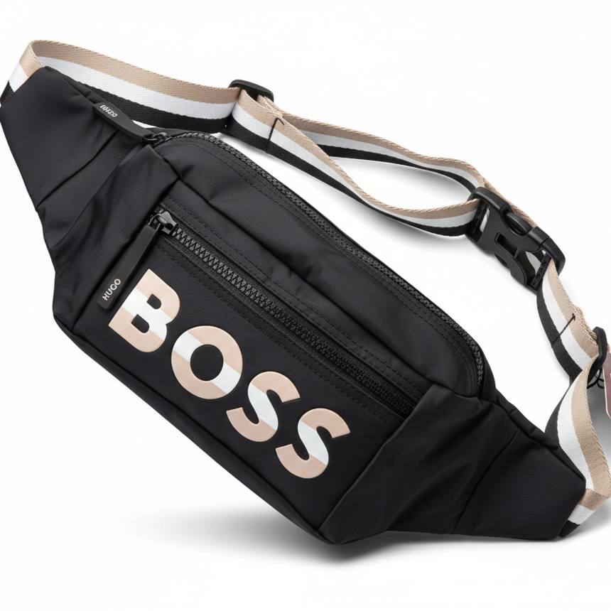 BOSS Men's Black Crossbody Bag with Signature Striped Strap 💼✨👜