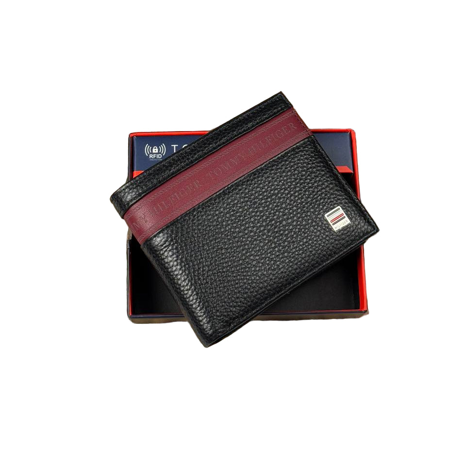 Tommy Hilfiger Men's RFID Black Leather Bifold Wallet with Signature Stripe 🖤💳🔴
