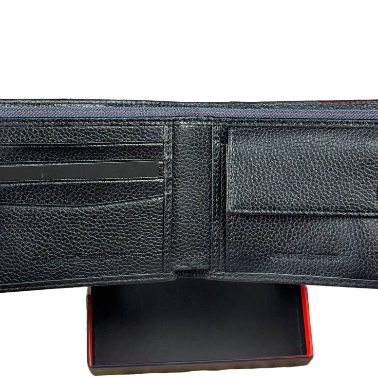 Tommy Hilfiger Men's RFID Black Leather Bifold Wallet with Signature Stripe 🖤💳🔴