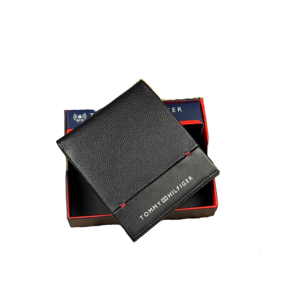 ⚫ Tommy Hilfiger Men's Black Bifold Wallet with Red Stitching & RFID Protection 🧵 🔒