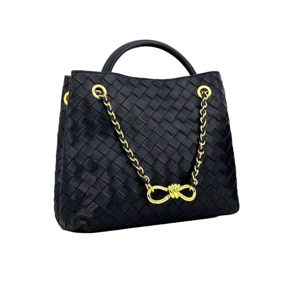 👜 Black Woven Leather Handbag with Gold Chain Detail ✨🔗