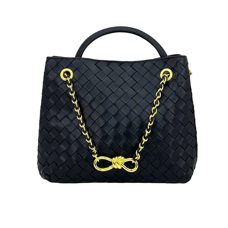 👜 Black Woven Leather Handbag with Gold Chain Detail ✨🔗