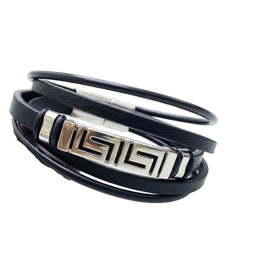 CK Classic Stainless Steel Greek Key Leather Bracelet ⛓️👔✨