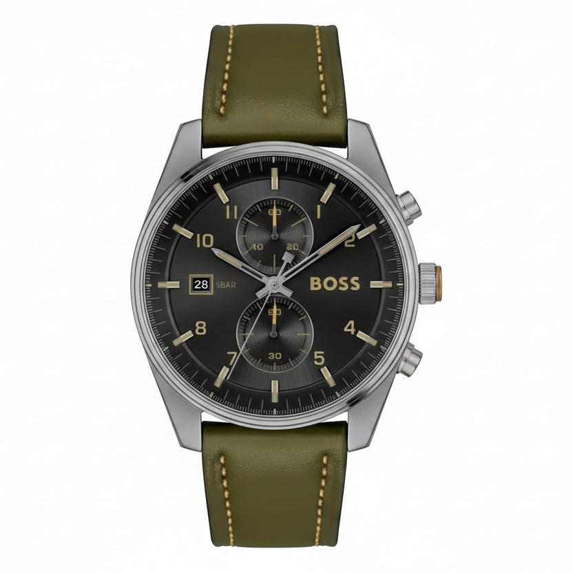 BOSS Pilot Edition Chronograph Watch with Olive Leather Strap ⌚️🌿✨