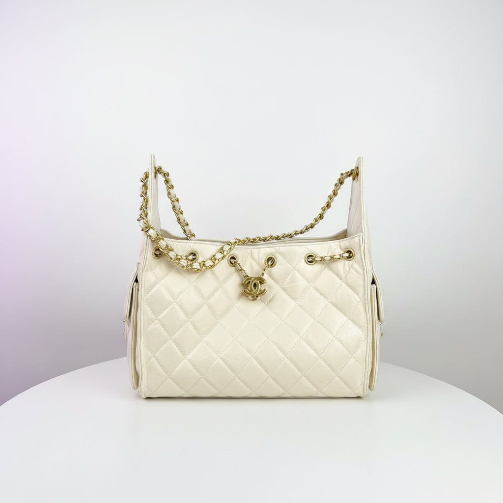 Chanel Quilted Denim and Leather Hobo Bag with Gold Chain Accent 👜✨💎