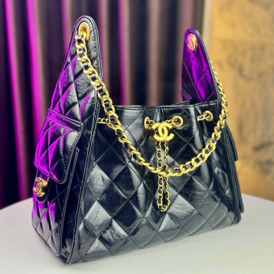 Chanel Quilted Denim and Leather Hobo Bag with Gold Chain Accent 👜✨💎