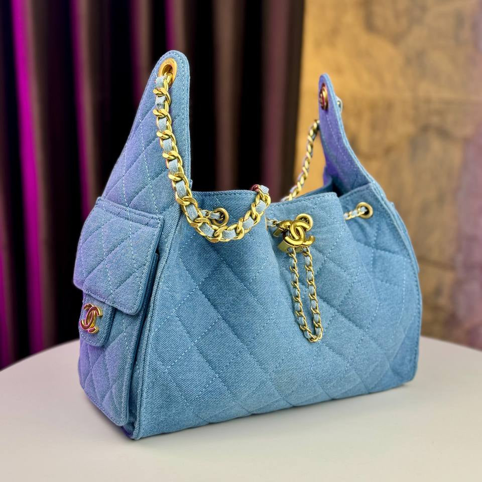 Chanel Quilted Denim and Leather Hobo Bag with Gold Chain Accent 👜✨💎