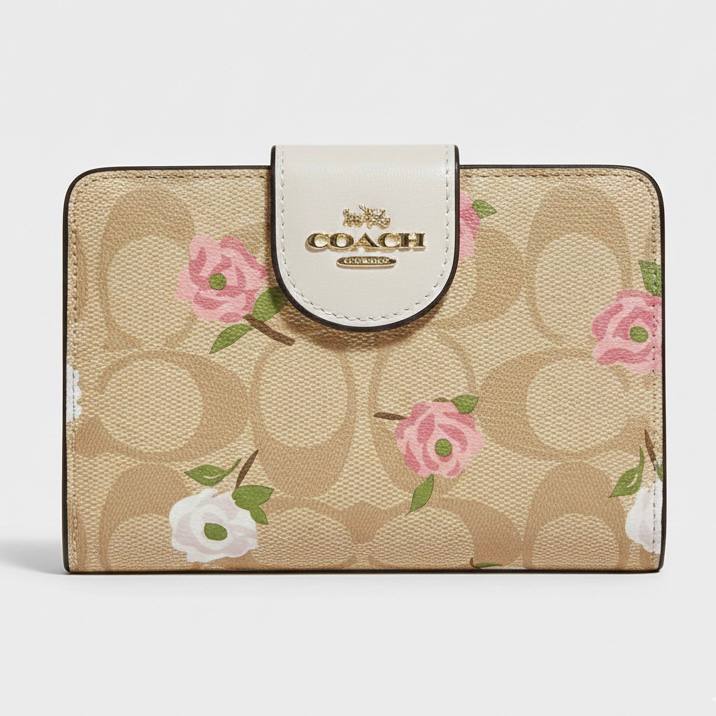 Coach Signature Canvas Medium Corner Zip Wallet with Rose Print 🌹✨👜