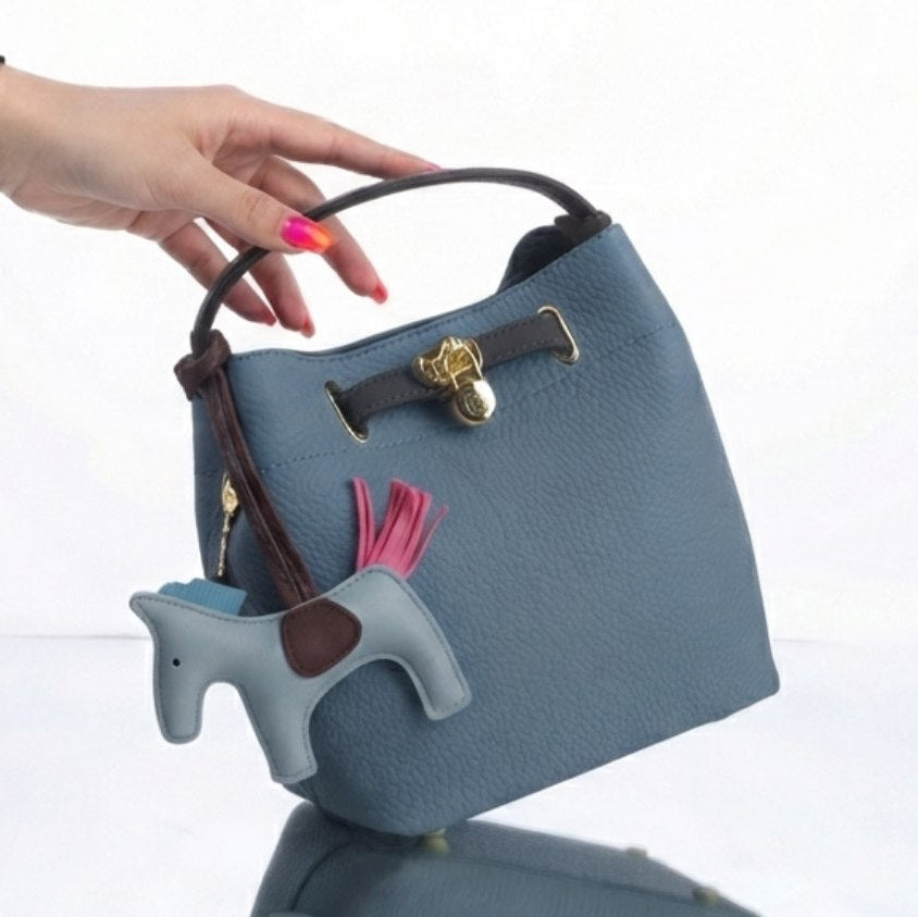 Hermes Style Soft Leather Bucket Bag with Horse Charm and Scarf