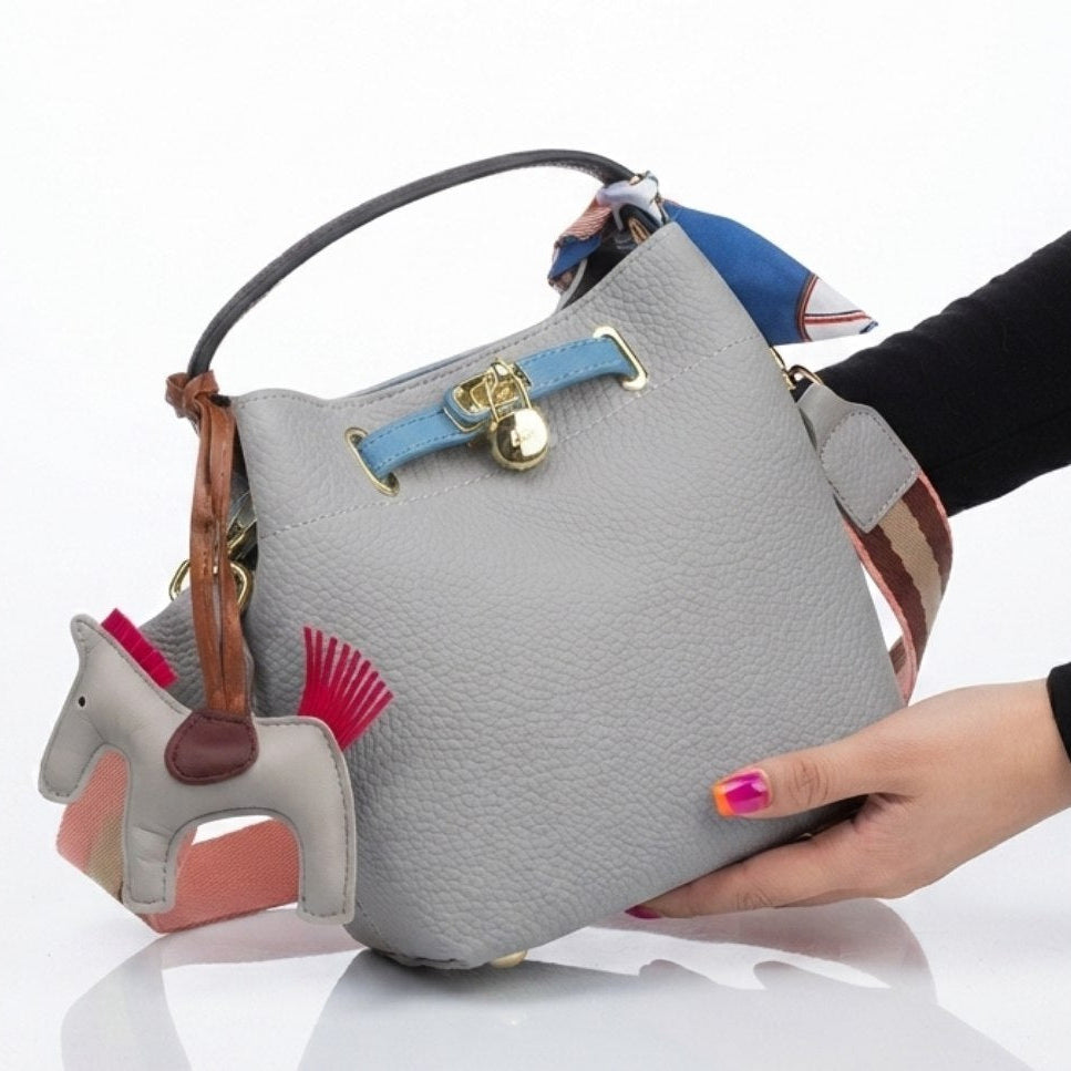 Hermes Style Soft Leather Bucket Bag with Horse Charm and Scarf