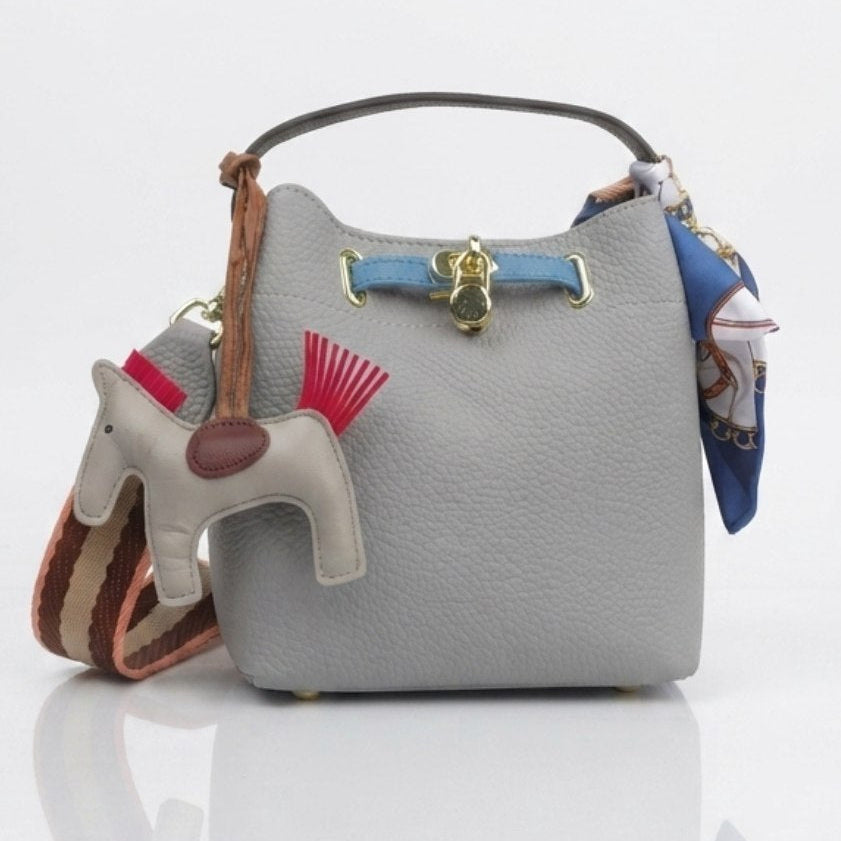 Hermes Style Soft Leather Bucket Bag with Horse Charm and Scarf