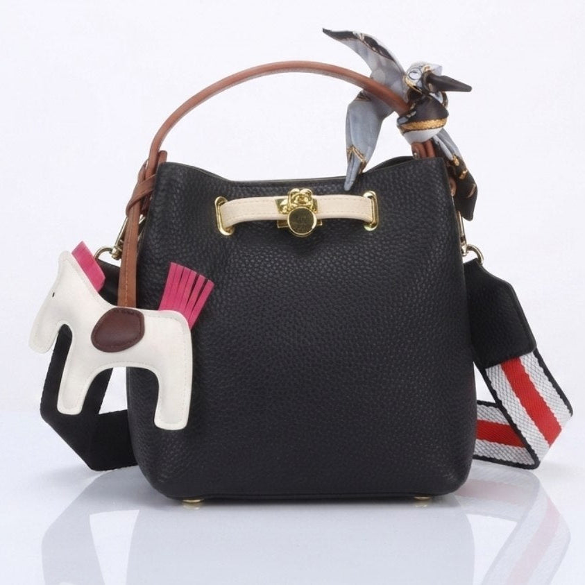 Hermes Style Soft Leather Bucket Bag with Horse Charm and Scarf