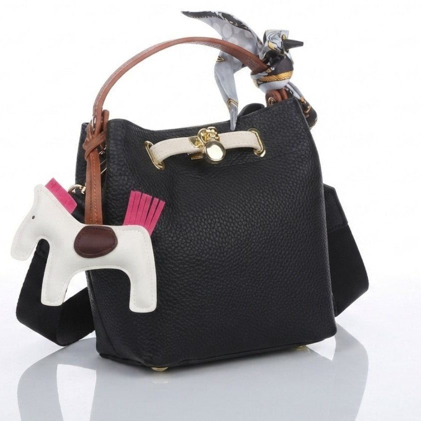Hermes Style Soft Leather Bucket Bag with Horse Charm and Scarf