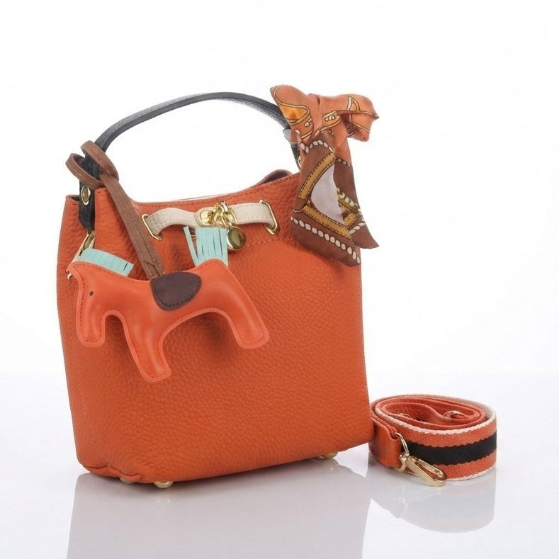 Hermes Style Soft Leather Bucket Bag with Horse Charm and Scarf