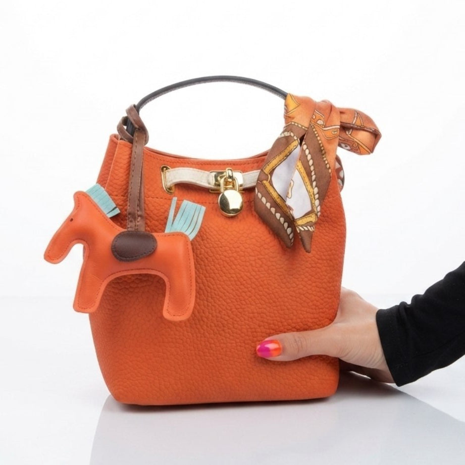 Hermes Style Soft Leather Bucket Bag with Horse Charm and Scarf