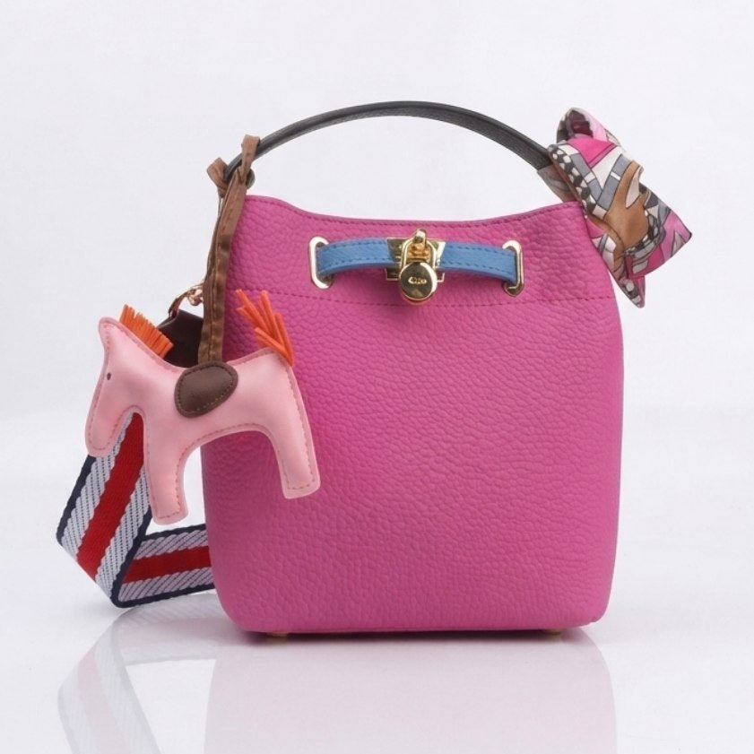 Hermes Style Soft Leather Bucket Bag with Horse Charm and Scarf