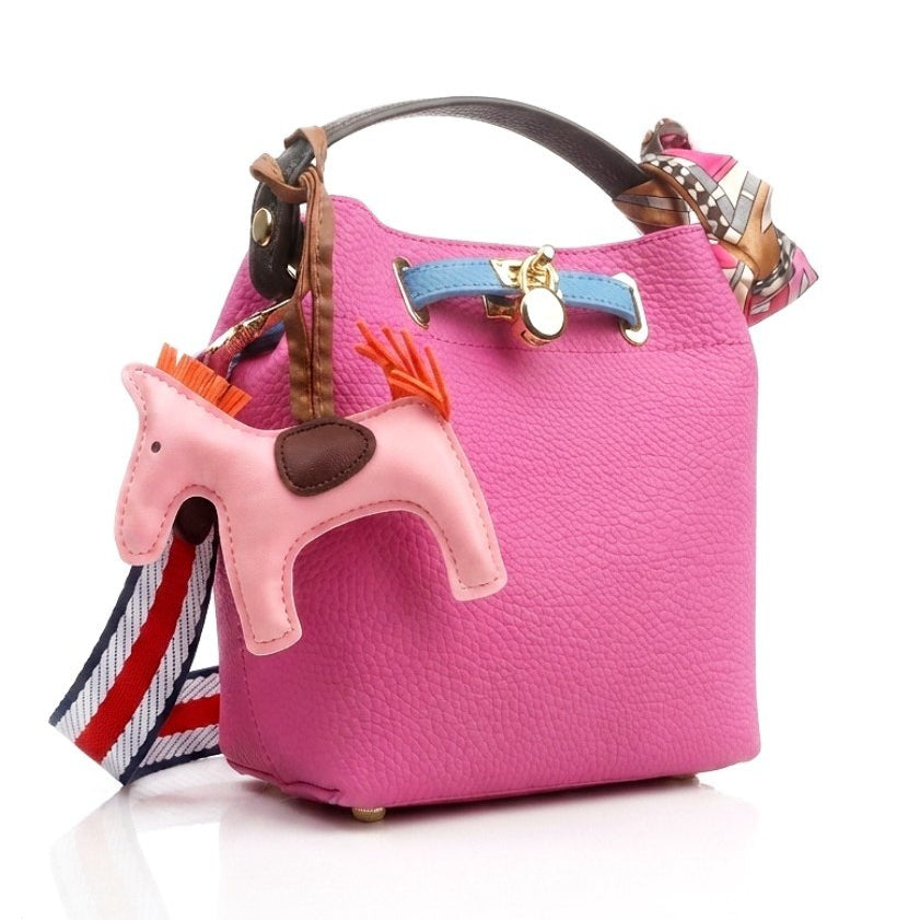 Hermes Style Soft Leather Bucket Bag with Horse Charm and Scarf