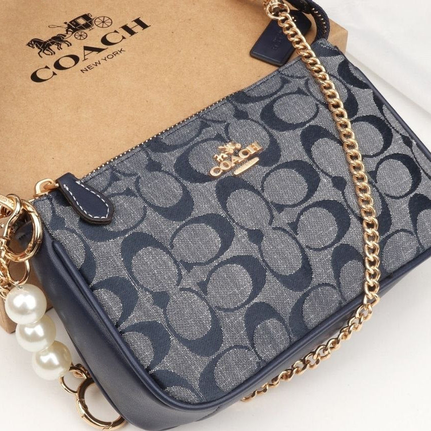 COACH Signature Print and Floral Crossbody Bag with Pearl Charm 👜🌸✨