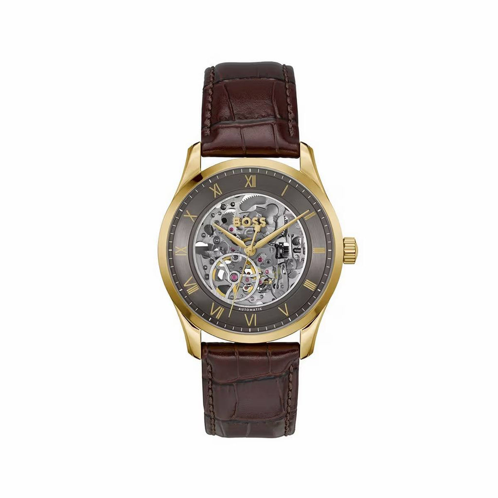 HUGO BOSS Men's Skeleton Dial Automatic Gold Tone Watch ⌚✨💼