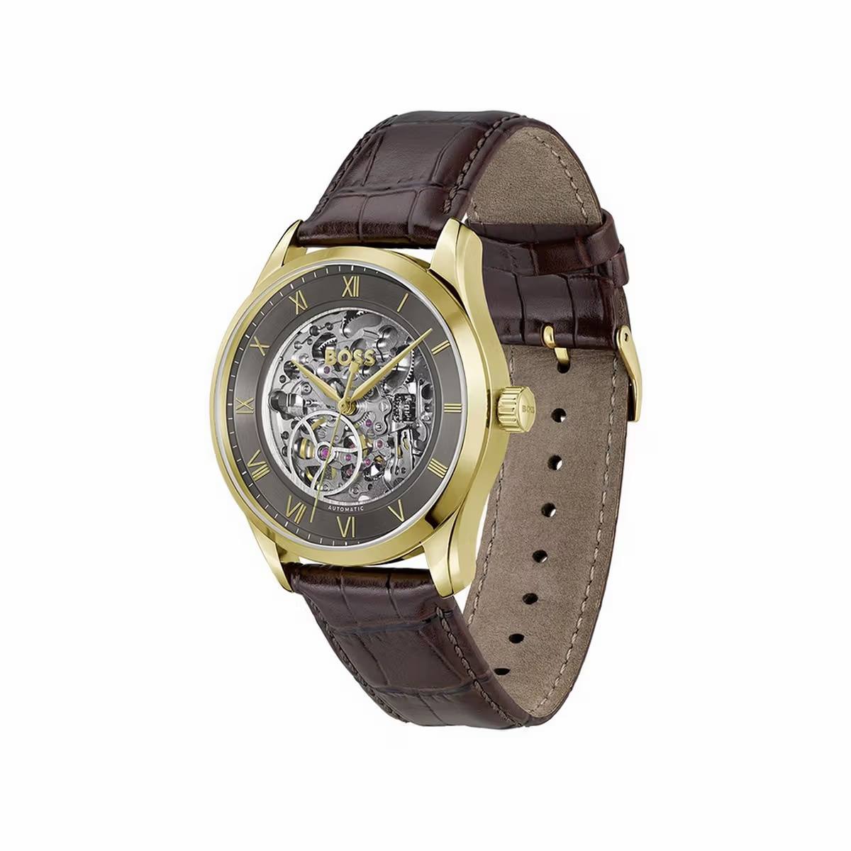HUGO BOSS Men's Skeleton Dial Automatic Gold Tone Watch ⌚✨💼
