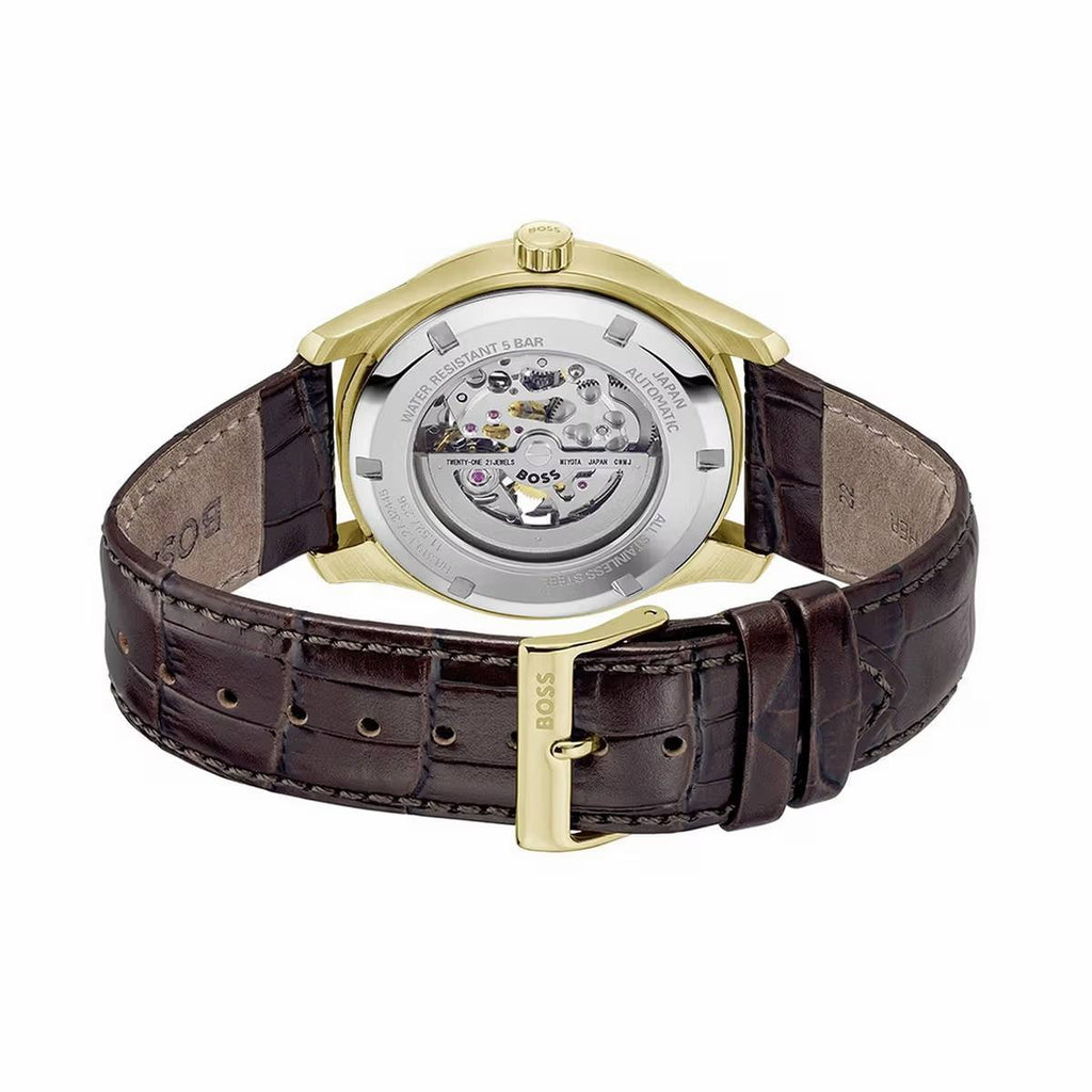 HUGO BOSS Men's Skeleton Dial Automatic Gold Tone Watch ⌚✨💼
