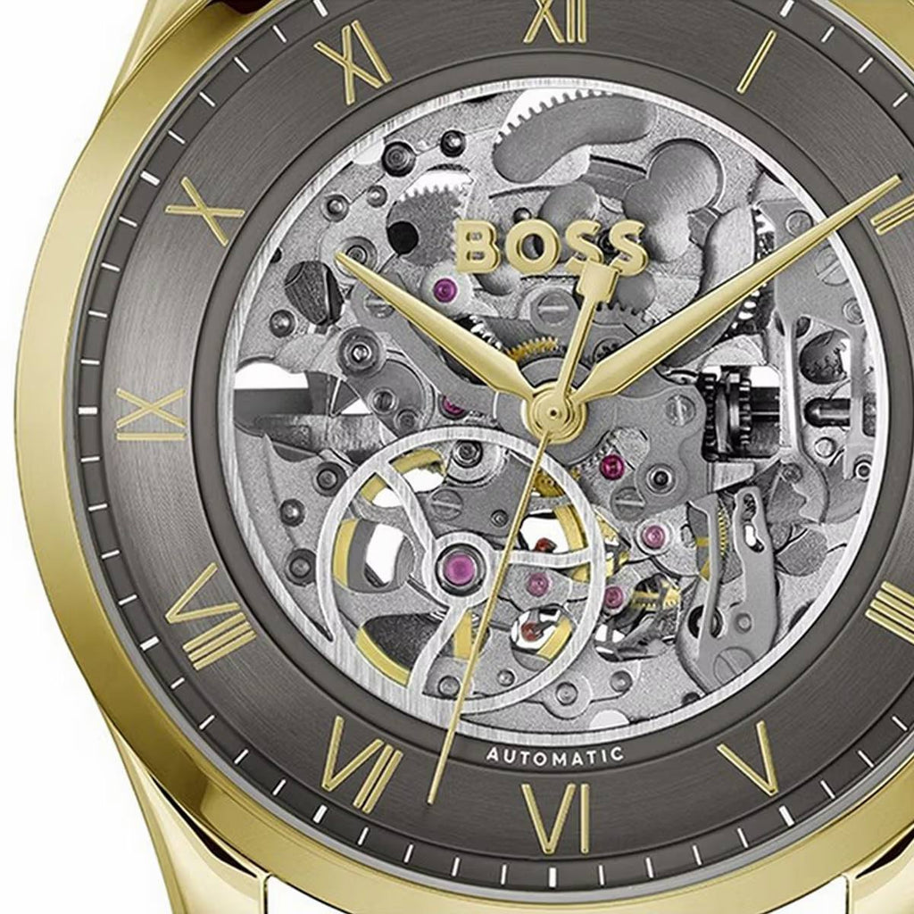 HUGO BOSS Men's Skeleton Dial Automatic Gold Tone Watch ⌚✨💼