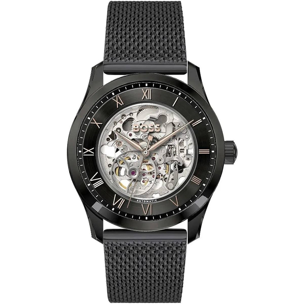 Hugo Boss Men's Automatic Skeleton Watch with Black Mesh Strap ⌚️⚙️🖤