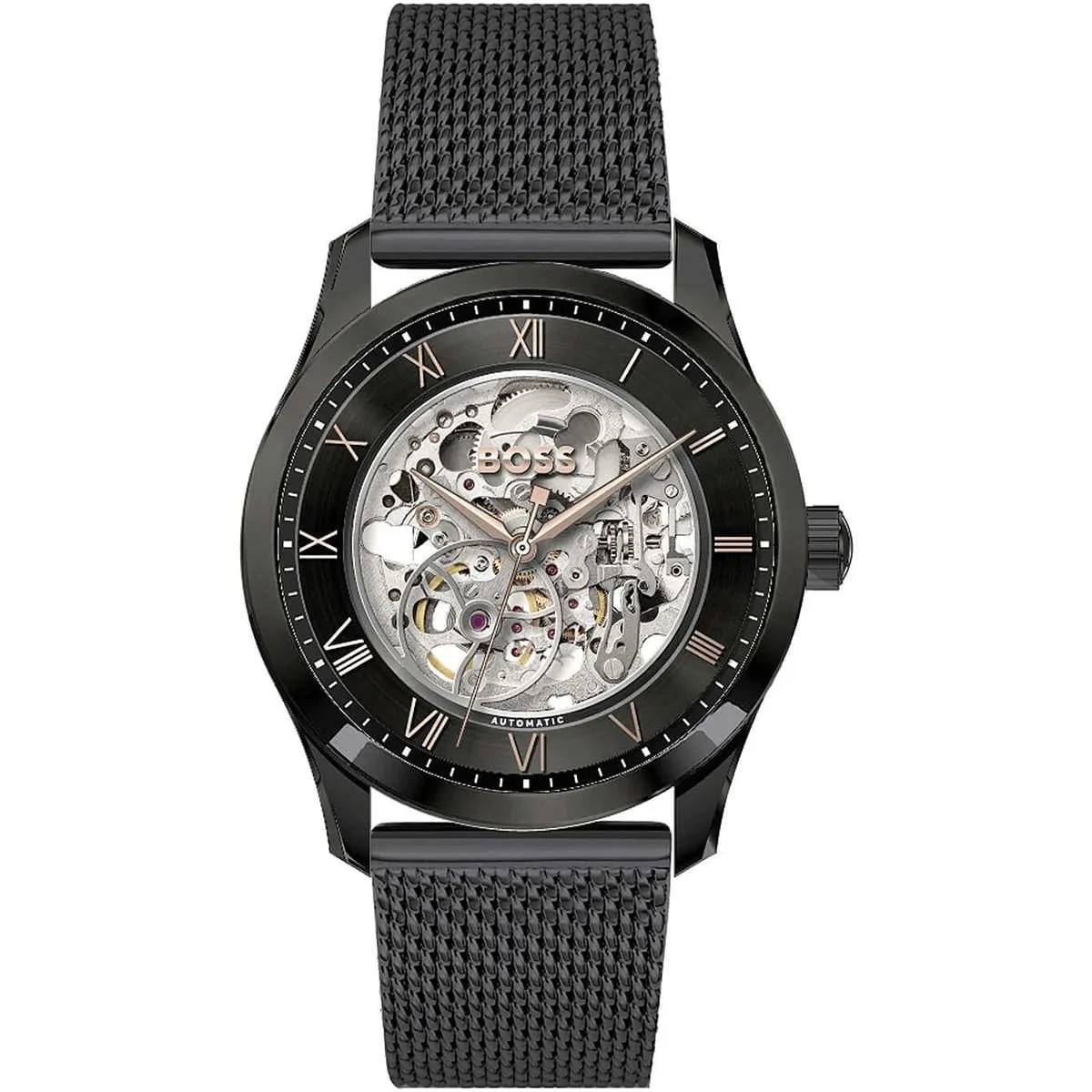 Hugo Boss Men's Automatic Skeleton Watch with Black Mesh Strap ⌚️⚙️🖤