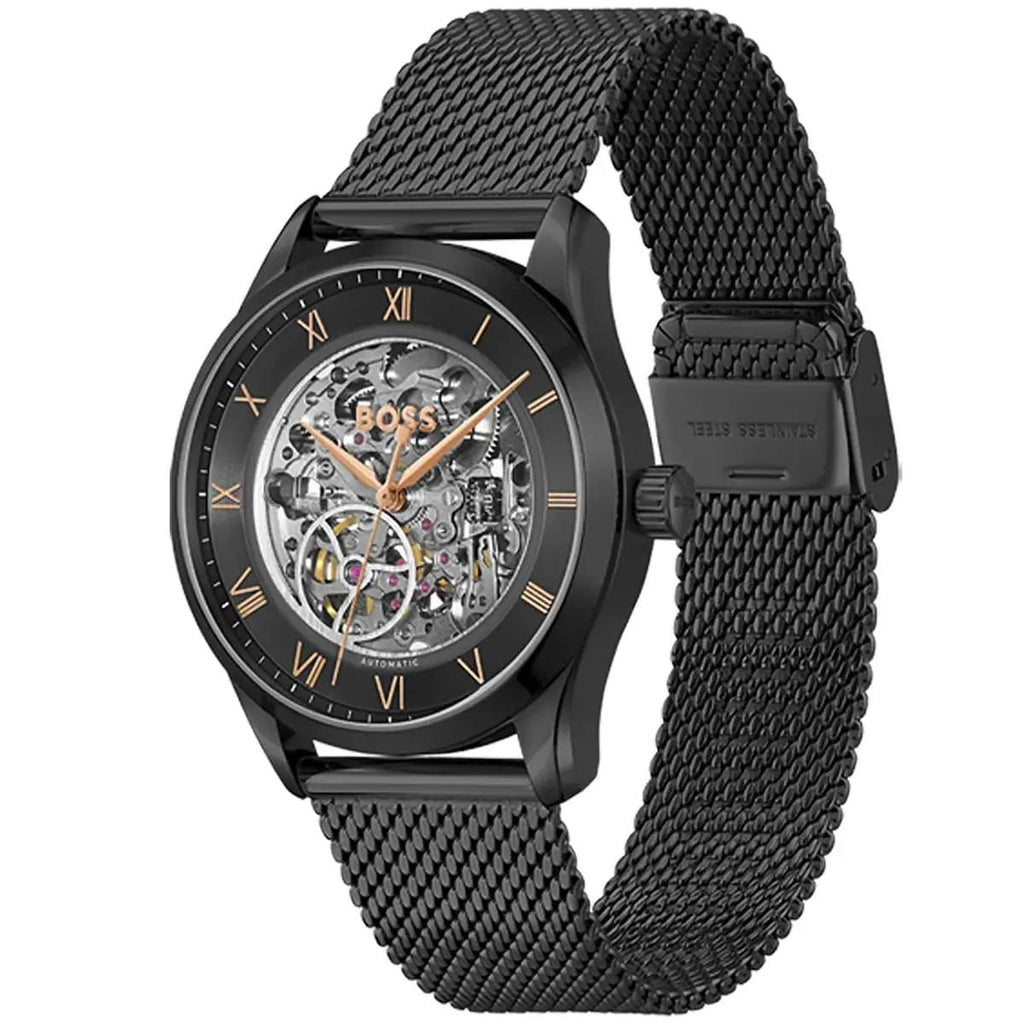 Hugo Boss Men's Automatic Skeleton Watch with Black Mesh Strap ⌚️⚙️🖤