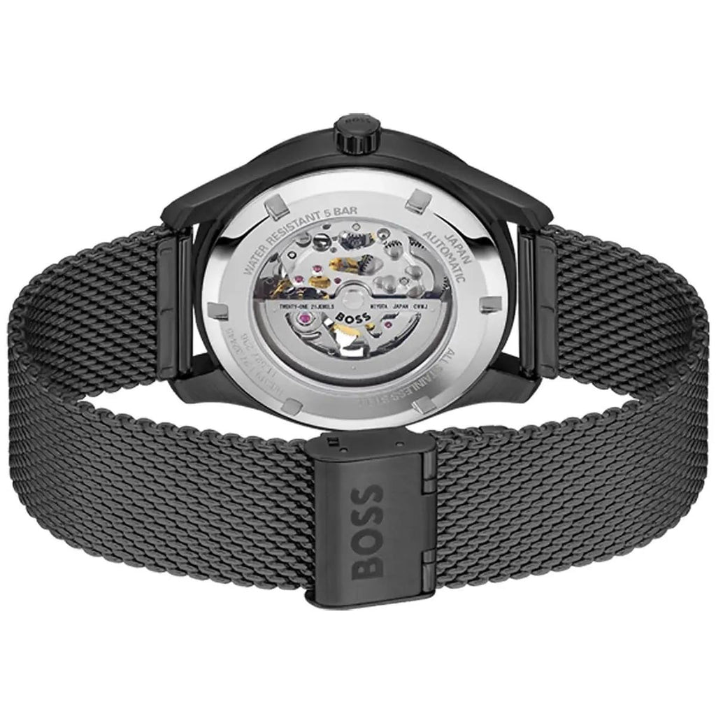 Hugo Boss Men's Automatic Skeleton Watch with Black Mesh Strap ⌚️⚙️🖤