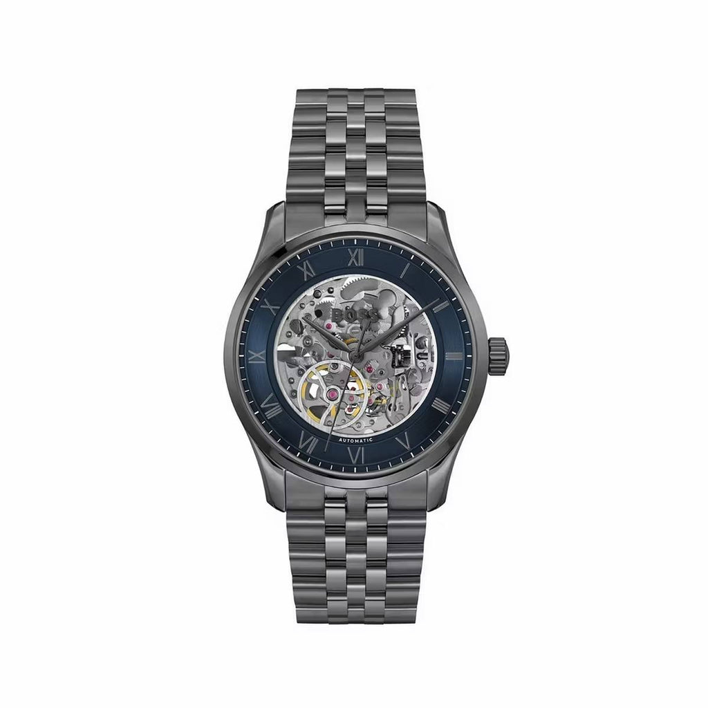 Hugo Boss Skeleton Dial Automatic Watch in Gunmetal Steel ⌚⚙️🌑