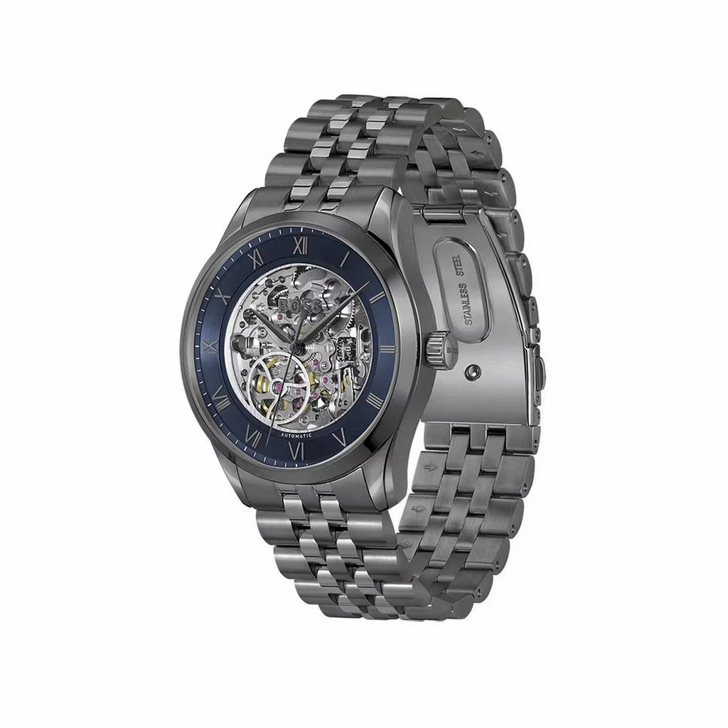 Hugo Boss Skeleton Dial Automatic Watch in Gunmetal Steel ⌚⚙️🌑
