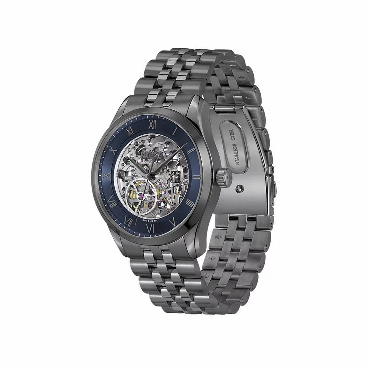 Hugo Boss Skeleton Dial Automatic Watch in Gunmetal Steel ⌚⚙️🌑