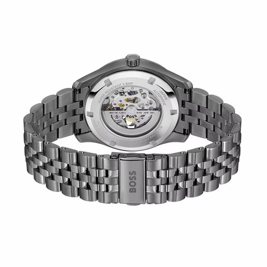 Hugo Boss Skeleton Dial Automatic Watch in Gunmetal Steel ⌚⚙️🌑