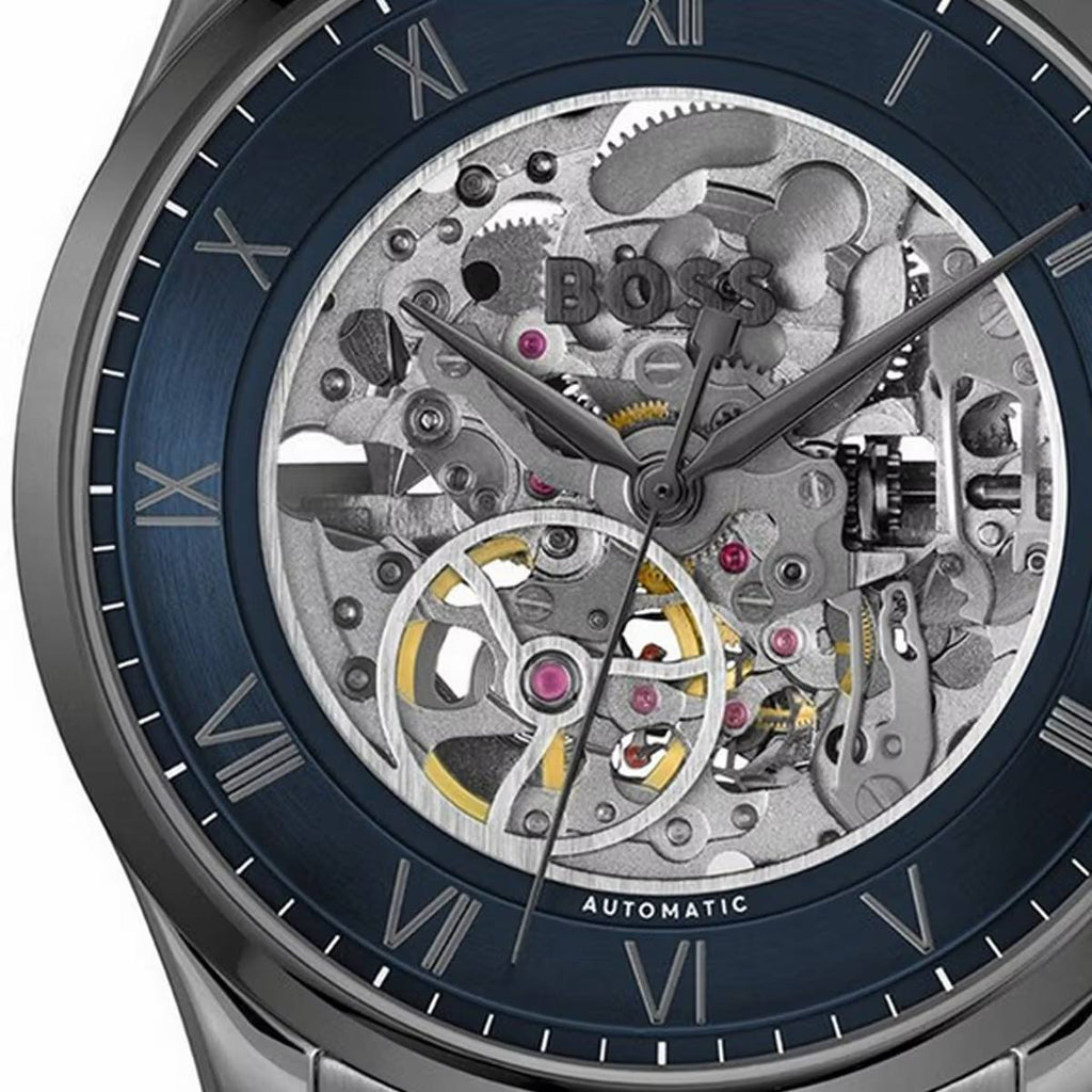 Hugo Boss Skeleton Dial Automatic Watch in Gunmetal Steel ⌚⚙️🌑
