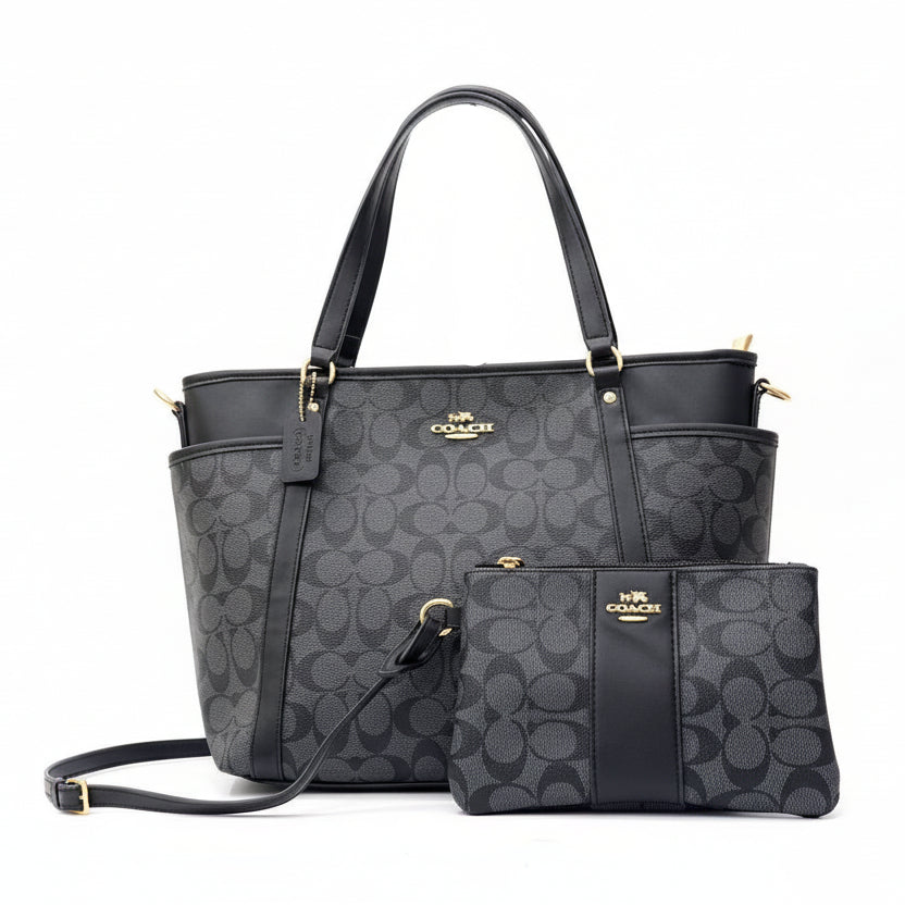 Coach Signature Monogram Tote and Matching Wristlet Set in Charcoal 👜✨🖤