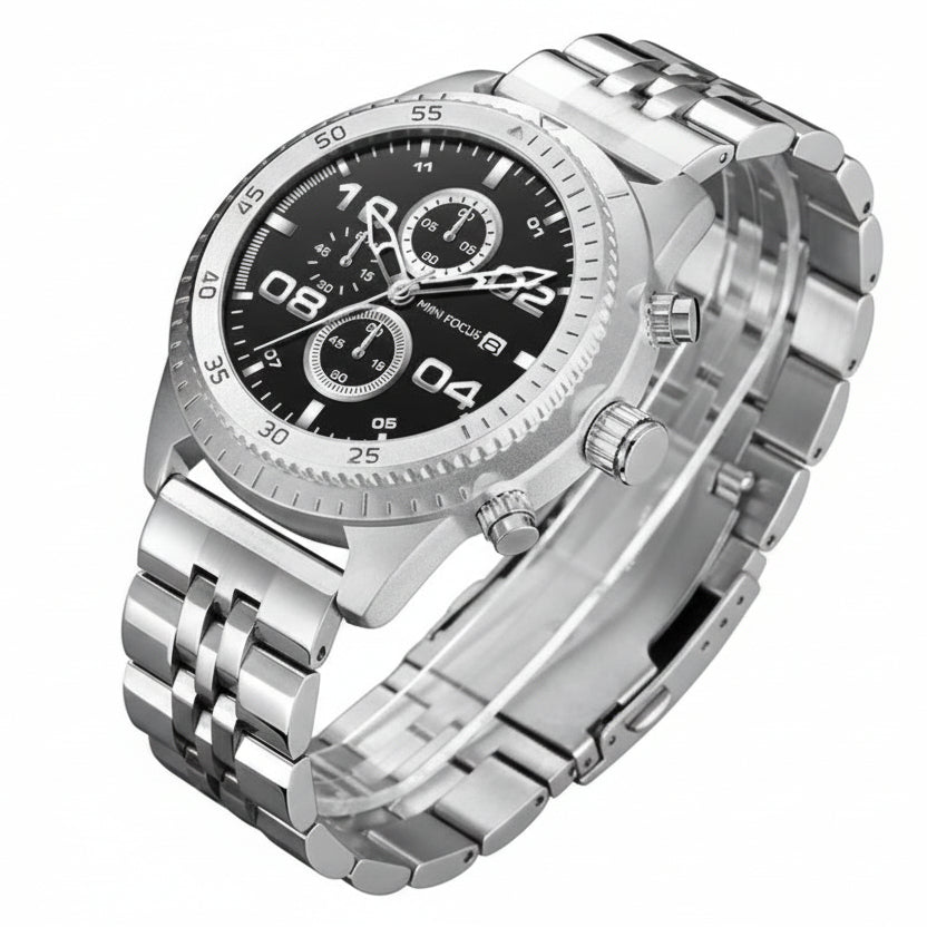 MINI FOCUS Men’s Aviator Chronograph Stainless Steel Watch ⌚️✈️🥈