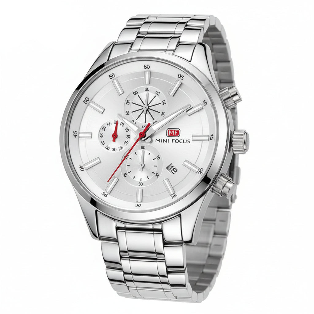 MINI FOCUS Men’s Silver Chronograph Luxury Steel Watch ⌚️✨👔