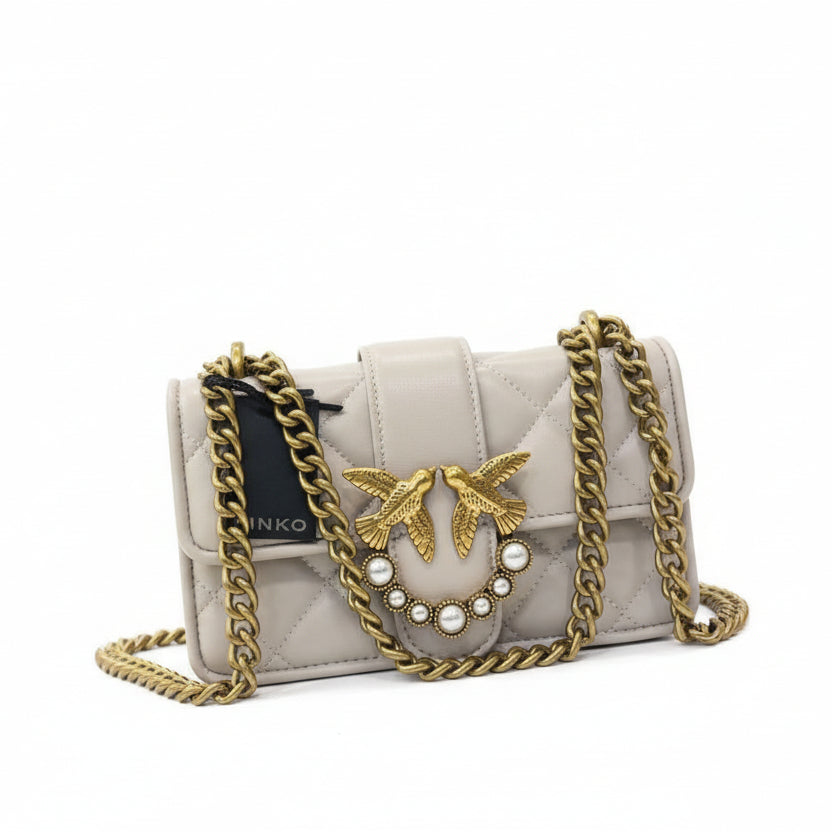 Pinko Love Bag Puff Quilted Leather Crossbody with Pearl Love Birds 🕊️✨👜