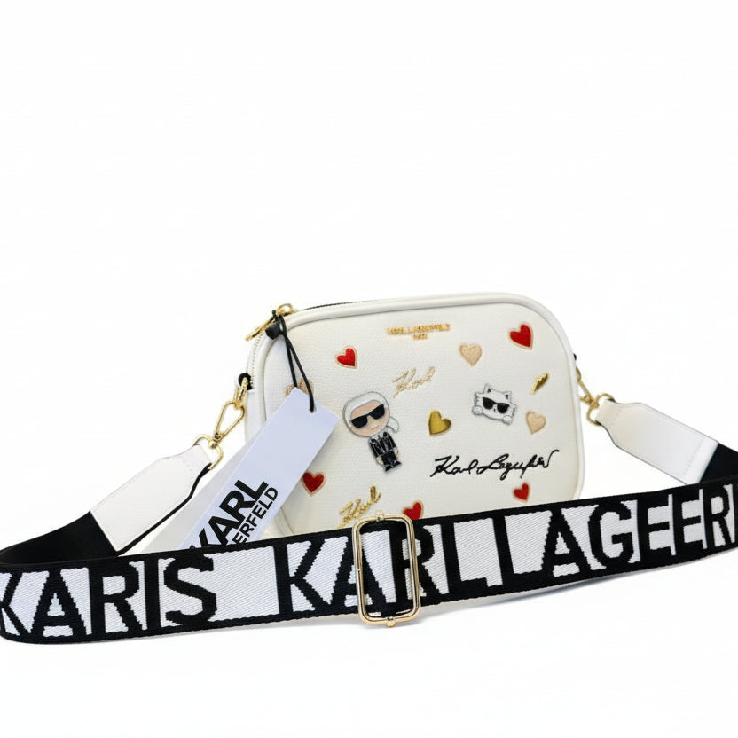 Karl Lagerfeld Paris White Crossbody Bag with Icon Patches and Hearts 👜✨❤️