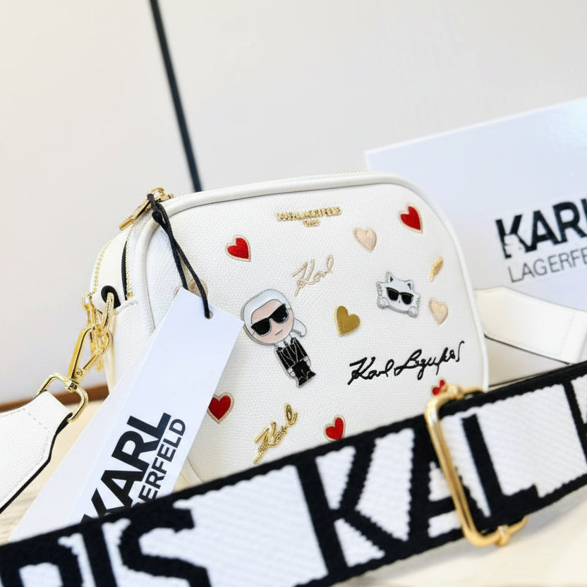 Karl Lagerfeld Paris White Crossbody Bag with Icon Patches and Hearts 👜✨❤️