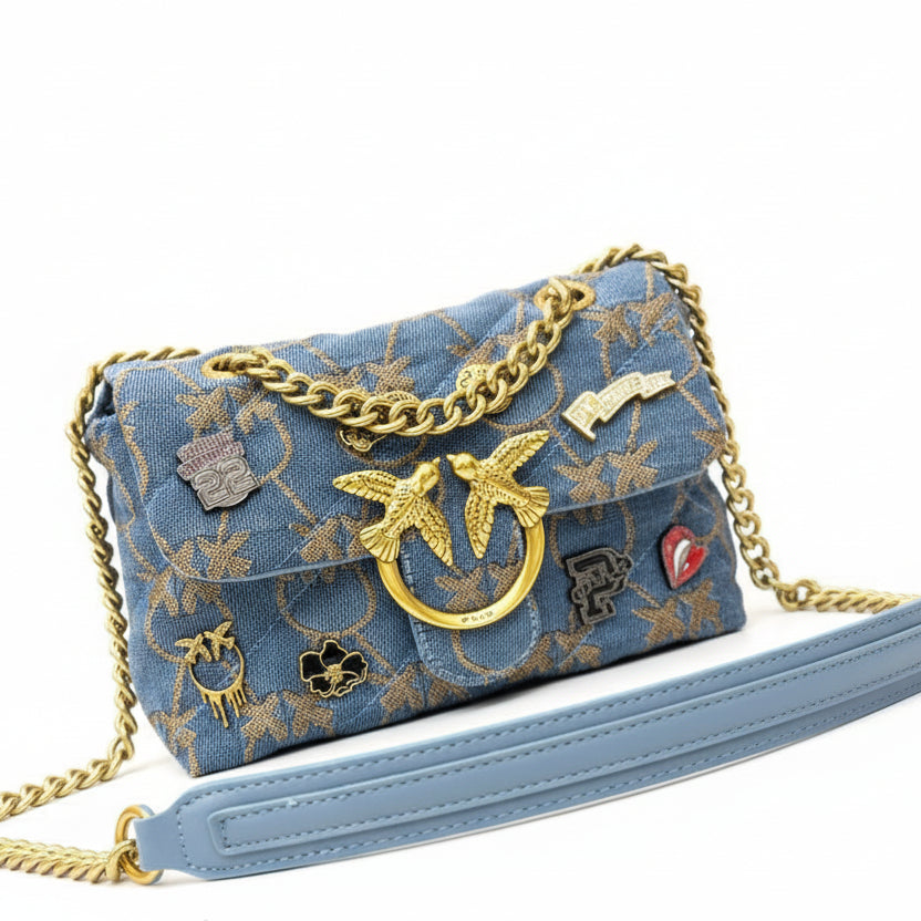 Pinko Love Bag Denim Patchwork Shoulder Bag 🕊️✨👜